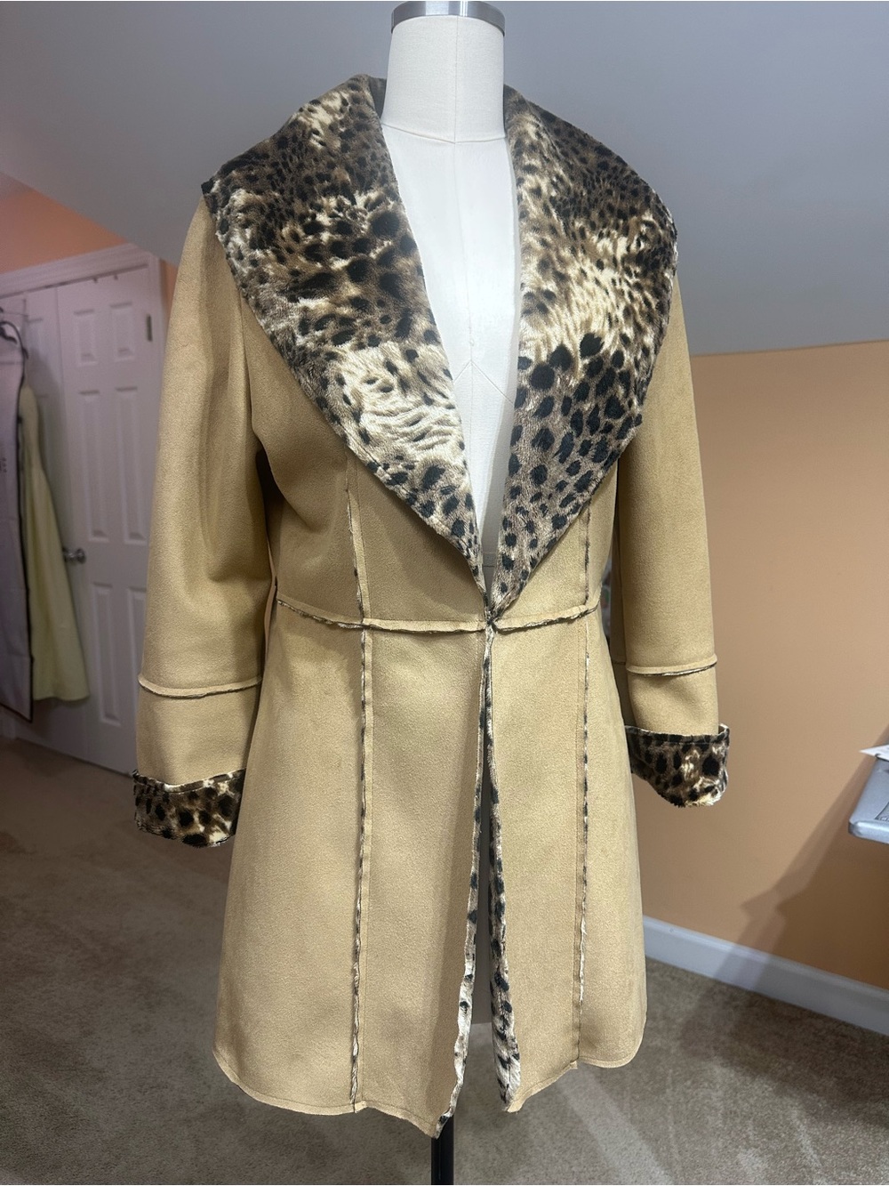 Coldwater Creek Camel Trench Coat with Leopard Faux-Fur Trim
